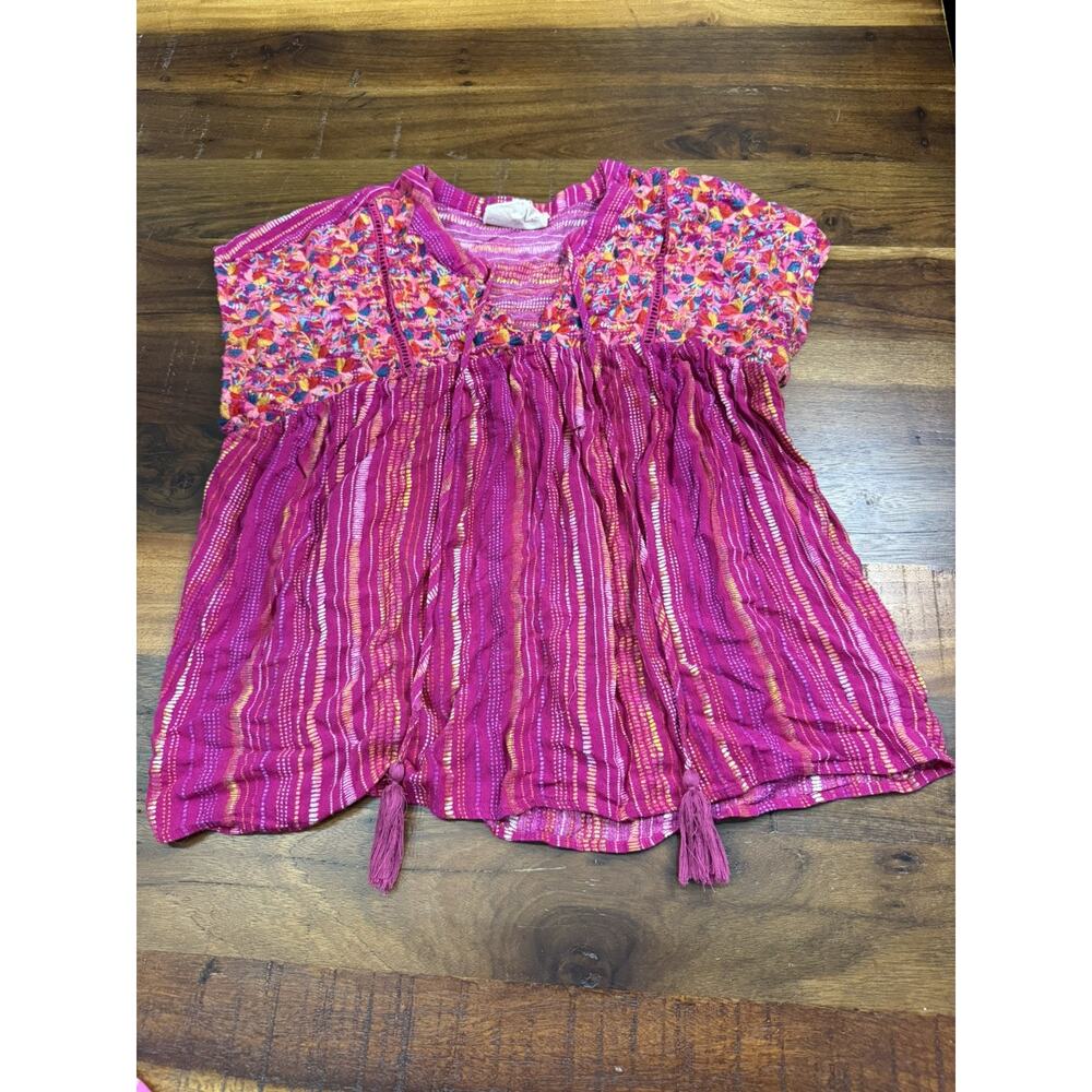 Savanna Jane Striped Babydoll Embroidered Blouse Women's M